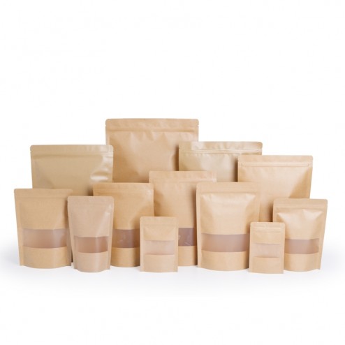 Heat Sealable Stand Up Kraft Paper Food Grade OPP/PE/CPP Coated Zipper Bags Window Pouches 