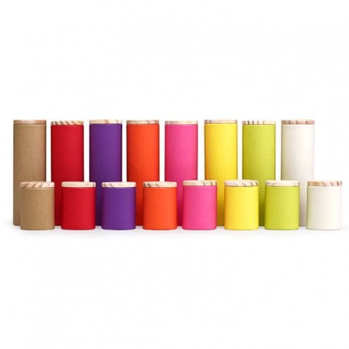 Colorful Tree Bark Pattern Paper Slim Canisters with Food Grade Laminated Aluminum Foil Liner & Pine Wood Lid