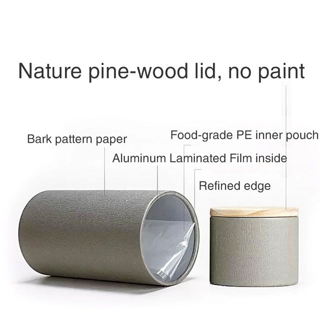 Slim Tree Bark Pattern Paper Canisters with Food Grade Laminated Aluminum Foil Liner & Pine Wood Lid